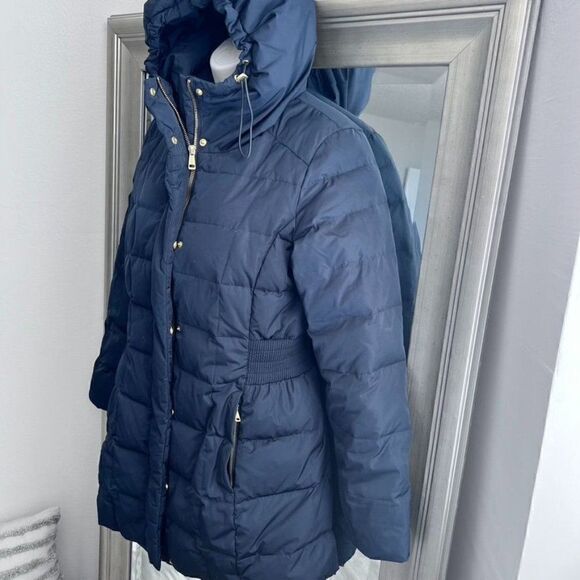 COLE HAAN Women's Taffeta Down Coat with Bib Front and Dramatic Hood, Black, SP - Picture 3 of 9